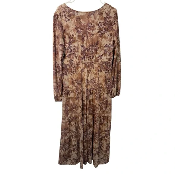Lucky Brand Tan Floral Long Sleeve Maxi Dress Sheer Overlay NWT Size Large - Picture 5 of 6